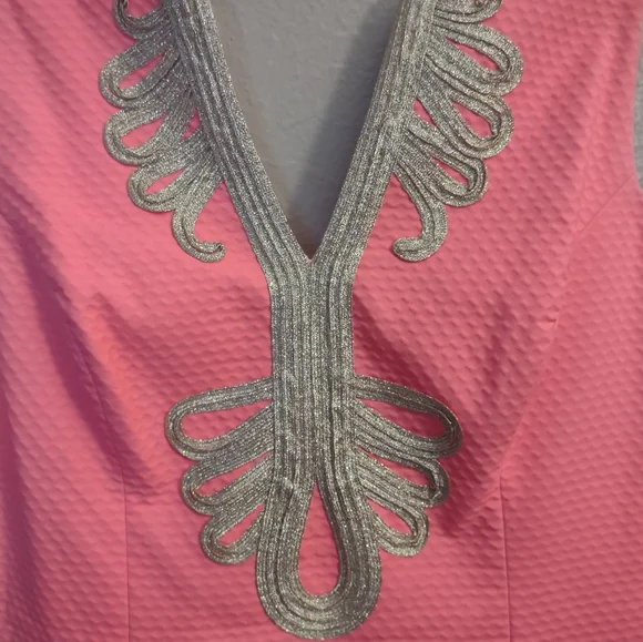 Lilly Pulitzer Janice Shift Dress Coral Reef Pink with Metallic Gold Embroidery. - Picture 6 of 13